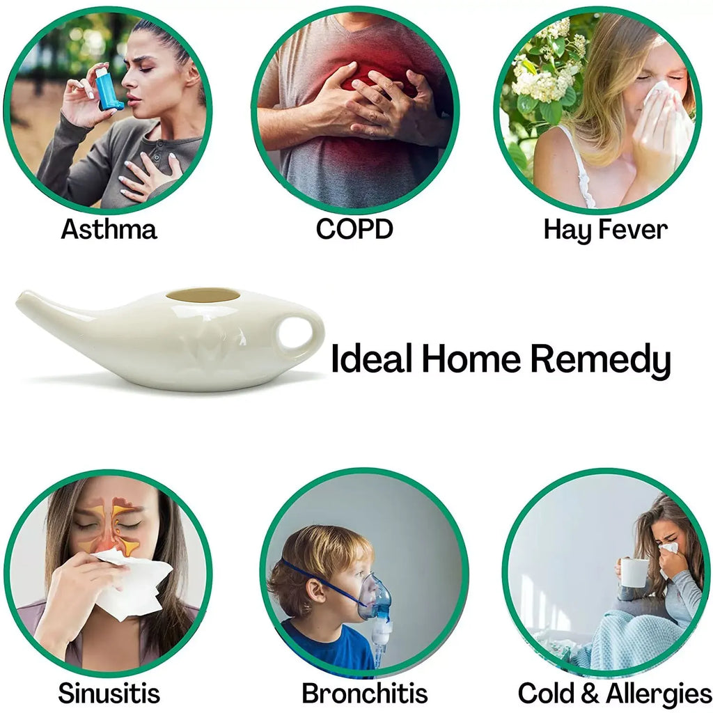 Nose Cleaner Himalayan Salt Premium Ceramic Neti Pot 8oz (250ml) Nasal Cleansing for Allergies & Sinus Relief Microwave Care