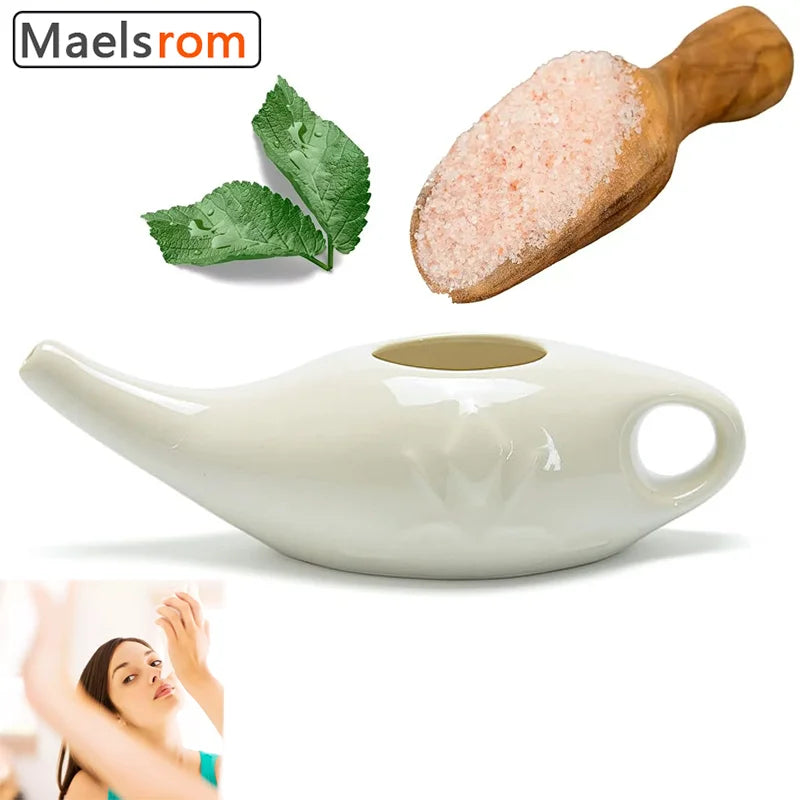 Nose Cleaner Himalayan Salt Premium Ceramic Neti Pot 8oz (250ml) Nasal Cleansing for Allergies & Sinus Relief Microwave Care